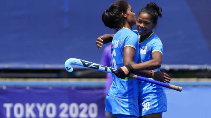 India midfield Salima Tete (30) celebrates after India forward Vandana Katariya scores