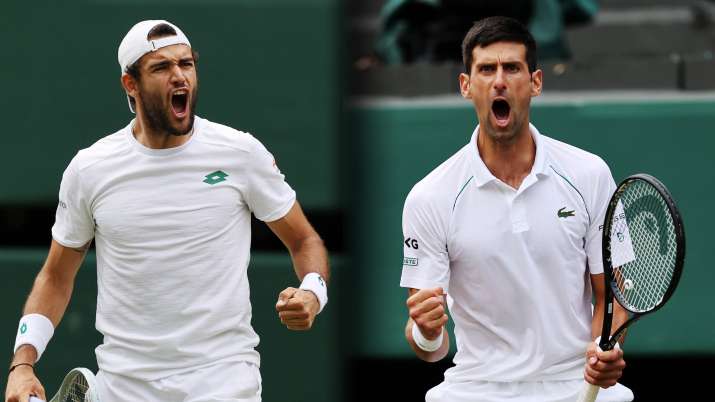 Matteo Berrettini of Italy (L) and Novak Djokovic of