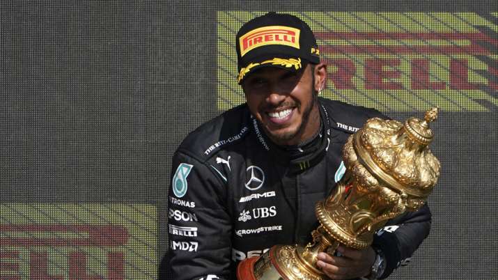 Mercedes driver Lewis Hamilton of Britain celebrates on the