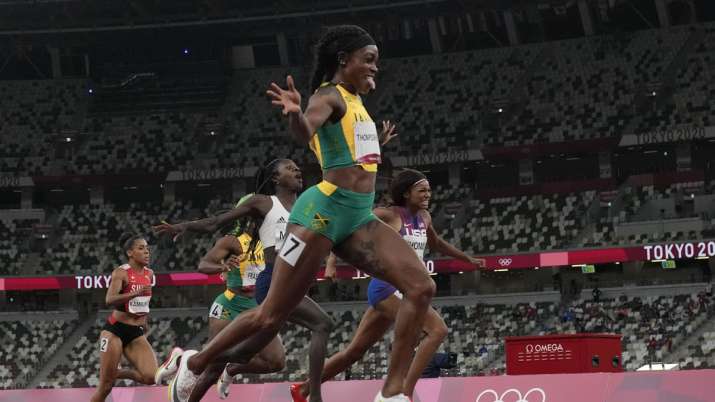 Elaine Thompson-Herah, of Jamaica, wins the final of the