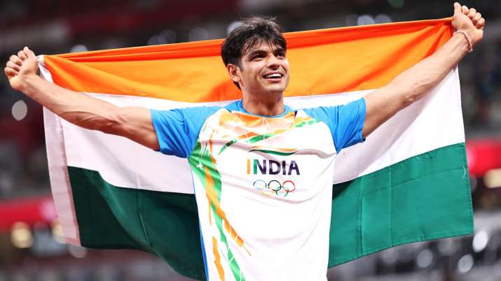 Neeraj Chopra of Team India celebrates winning the gold