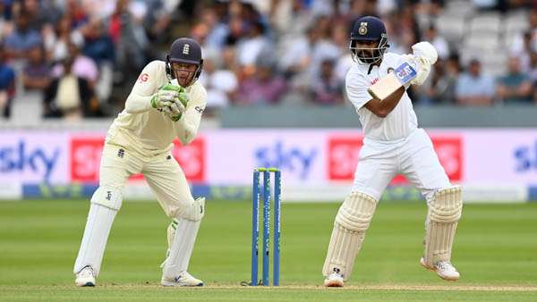 Ajinkya Rahane of India bats watched by England