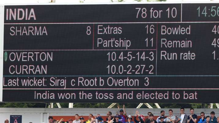 The scoreboard following India's first innings during day