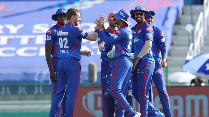 Anrich Nortje of Delhi Capitals celebrates the wicket of