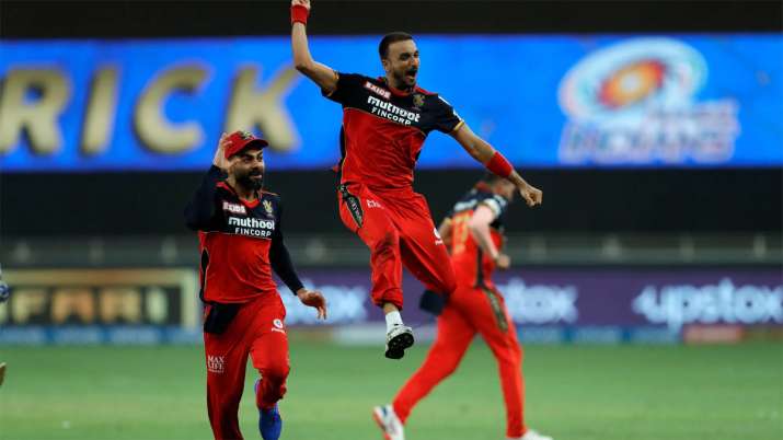 Harshal Patel celebrates after taking hat-trick against