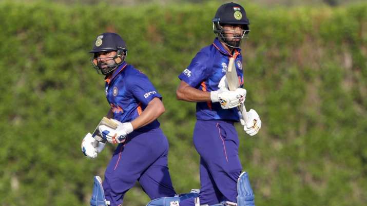 Rohit Sharma (left) and KL Rahul run between the wicket during the India vs Australia warm-up match