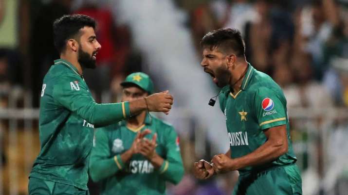 Pakistan's Haris Rauf celebrates the dismissal of New Zealand's Martin Guptill 