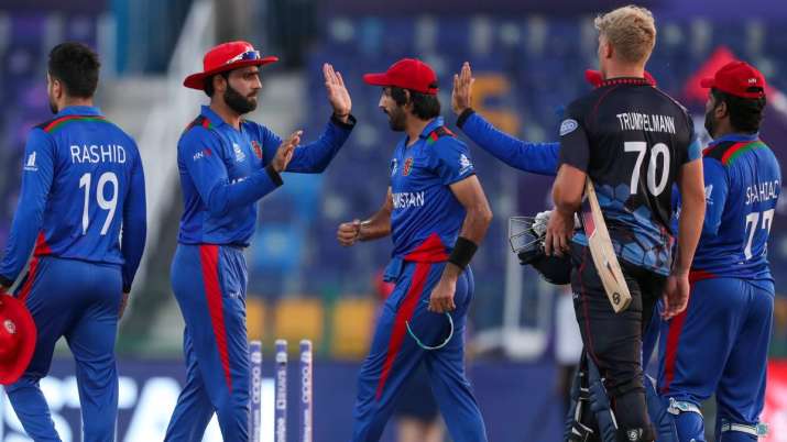 Afghanistan players celebrate after defeating Namibia by 62 runs in their Cricket Twenty20 World Cup