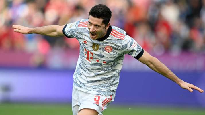 Robert Lewandowski of FC Bayern Munich celebrates after scoring their side's second goal during the