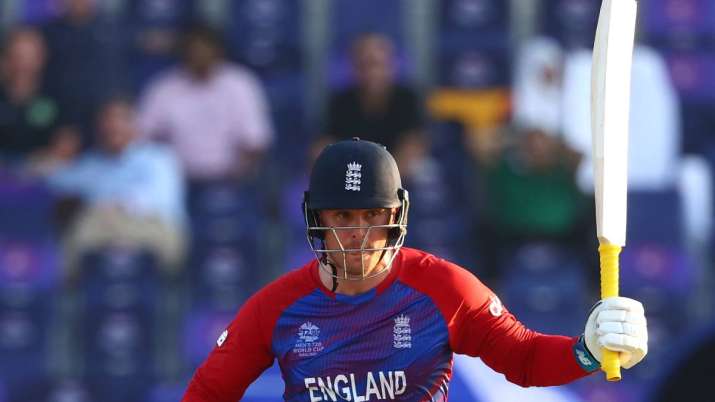 Jason Roy of England plays a shot during the ICC Men's T20 World Cup match between England and Bang