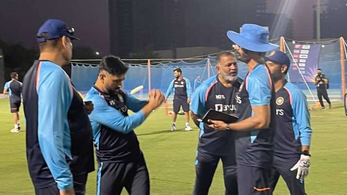 MS Dhoni with Team India coaching staff in Dubai.