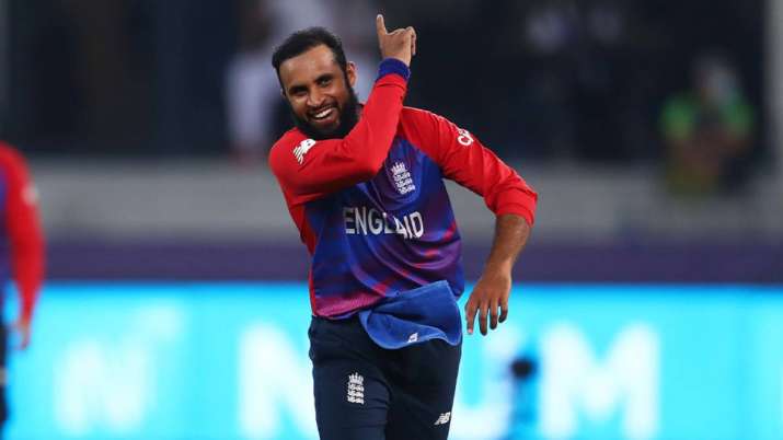 England spinner Rashid Khan celebrates after taking a West Indies wicket in Dubai on Saturday.