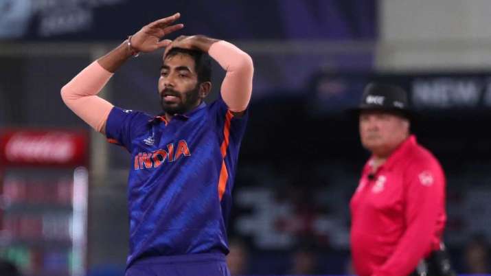 Indian pacer Jasprit Bumrah reacts after bowling a delivery against New Zealand in Dubai on Sunday.