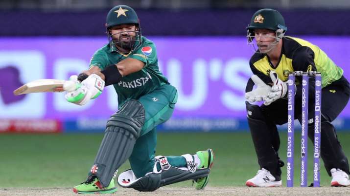 Pakistan's Mohammad Rizwan bats during the Cricket Twenty20 World Cup semi-final match between Pakis