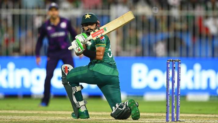 Babar Azam of Pakistan plays a shot during the ICC Men's T20 World Cup match between Pakistan and Sc