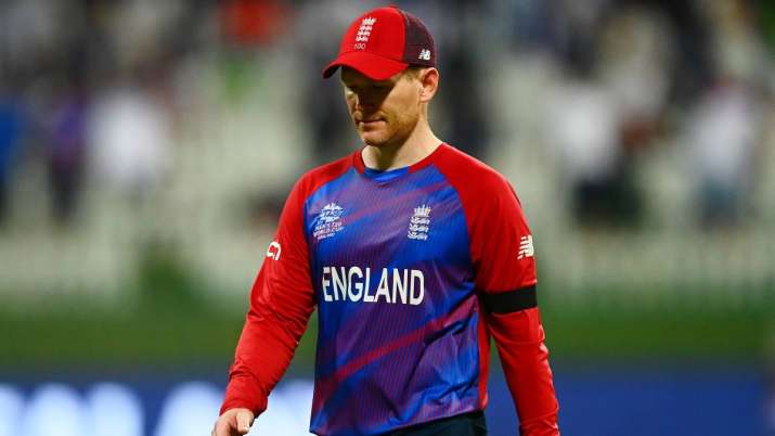 England captain Eoin Morgan walks off after defeat in the ICC Men's T20 World Cup semi-final match.