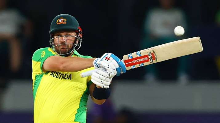 Aaron Finch of Australia plays a shot during the ICC Men's T20 World Cup final match between New Zea