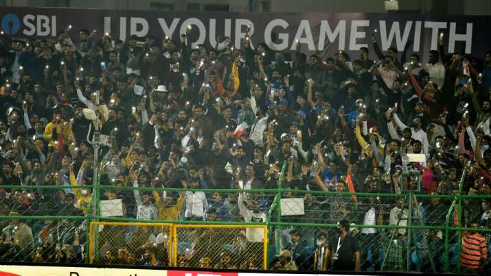Fans enjoy the atmosphere during the T20 International Match between India and New Zealand at Sawai