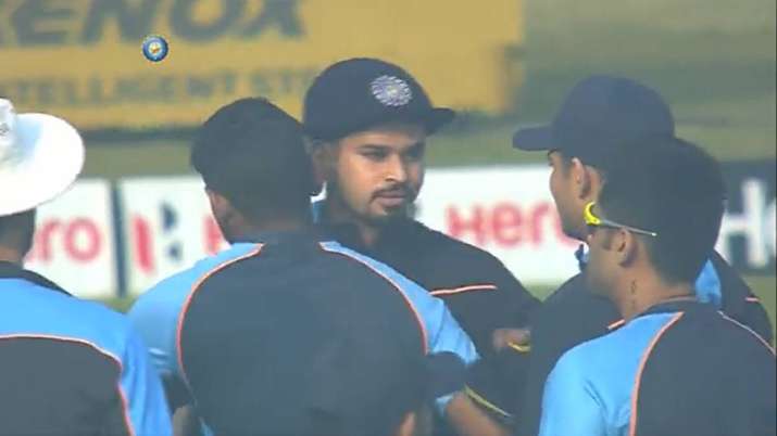 Shreyas Iyer (centre) is congratulated by India teammates