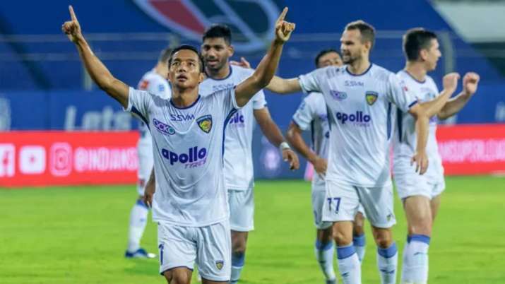 Chennaiyin FC striker Lallianzuala Chhangte (at front) celebrates after scoring a goal against North