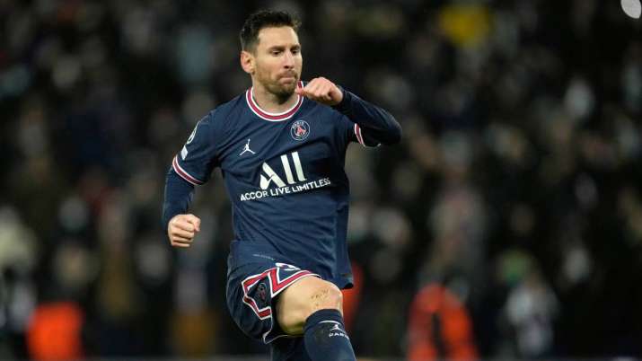 PSG's Lionel Messi celebrates after scoring his side's fourth goal against Club Brugge during the Ch