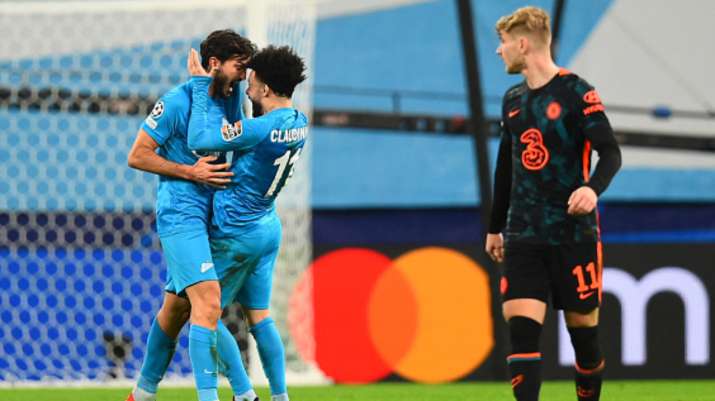Zenit St. Petersburg midfielder Magomed Ozdoev celebrates with teammate after scoring stoppage time 