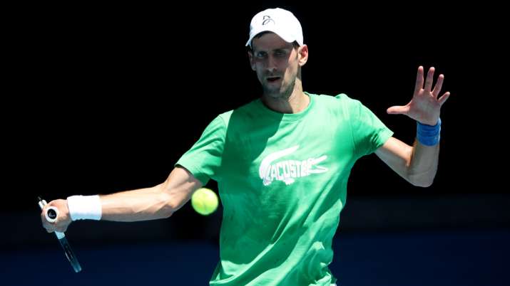 Novak Djokovic of Serbia plays a forehand during a practice session.