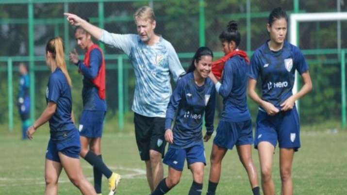 File Photo of Indian women's football team's head coach Thomas Dennerby with his team. 