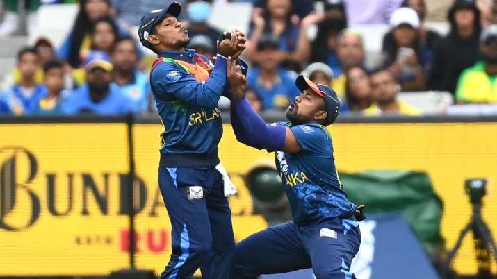 Sri Lanka's Pathum Nissanka collides with teammate Charith Asalanka as he takes a catch to dismiss A